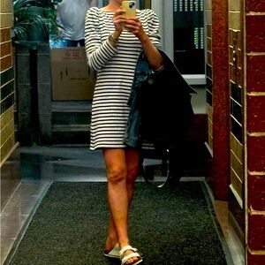 ALC Dress. Black and white stripe puff shoulder long sleeve